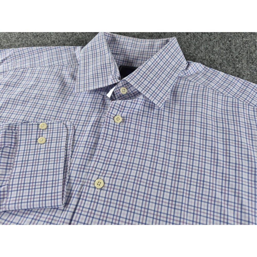 David Donahue Mens Trim Fit Dress Shirt 16 32/33 Blue Purple Check Cotton